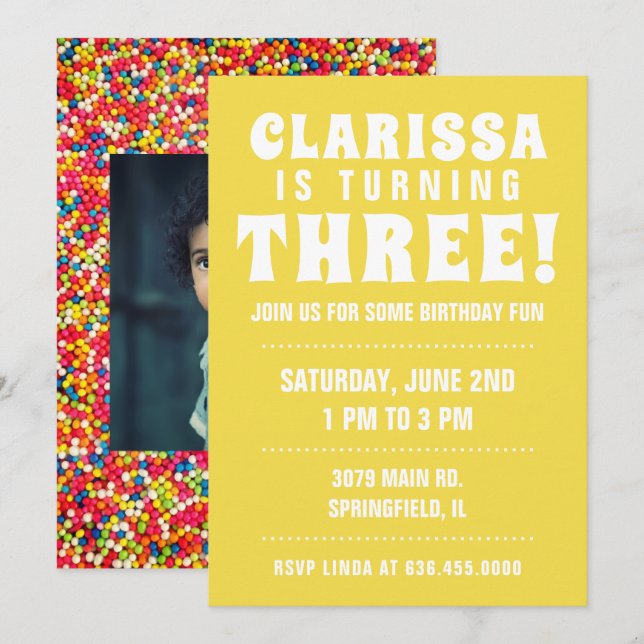 Candy Sprinkles Födelsedagsfest Photo Inbjudningar (Fram/baksida)