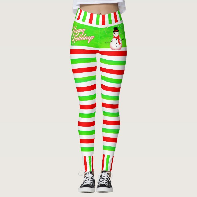 Candy Stripe Elf Lycklig Festive med Snögubbe Leggings (Framsida)