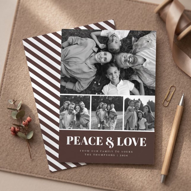 Candy Stripe Peace & Love Fotokollage - Brun Julkort (Simulated cards on table)