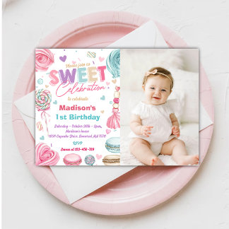 Candy Sweet Celebrate Cuptårta Birthday Photo Inbjudningar