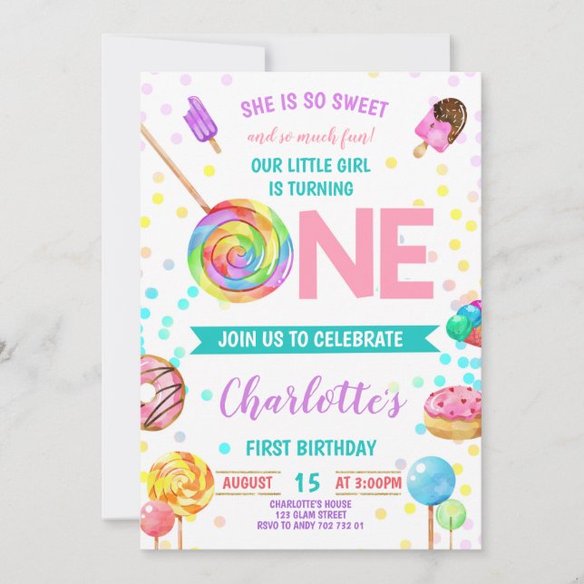 Candy Sweet Firande ONE Girl Första födelsedagen Inbjudningar (Framsida)