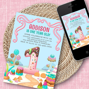 Candy Sweet Girl's Candyland 1st Birthday Inbjudningar