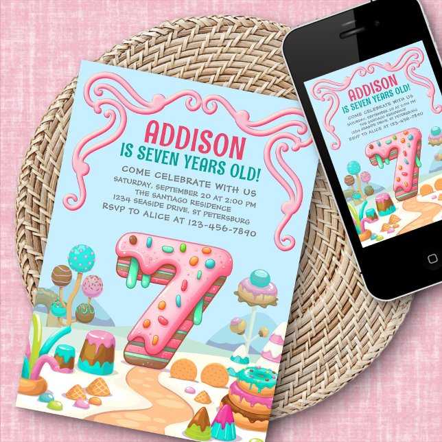 Candy Sweet Girl's Candyland 7:e Birthday Inbjudningar (Skapare uppladdad)