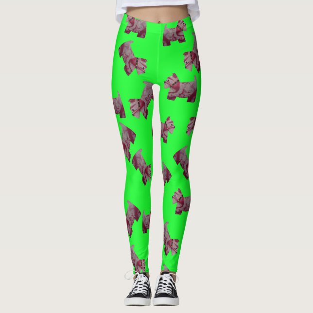 Candy Swirl Scottie Terrier grönt bakgrund Leggings (Framsida)