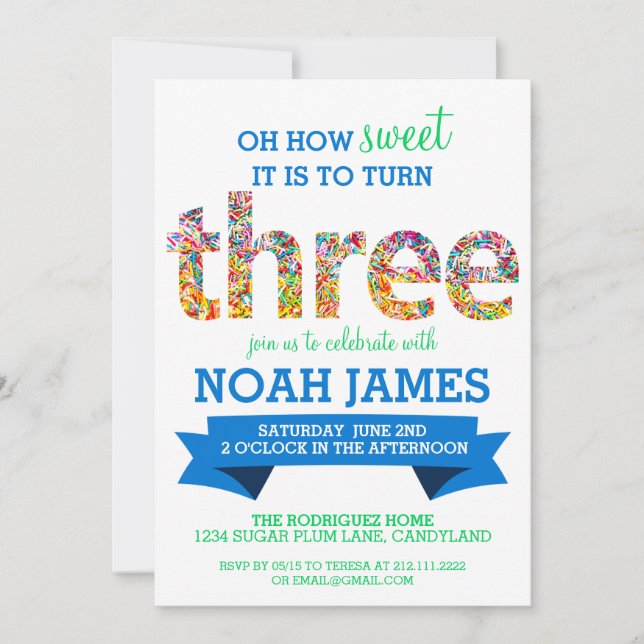 Candy Theme 3:e födelsedagen Party Sprinkles BLUE Inbjudningar (Framsida)