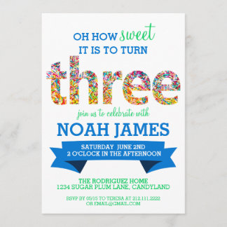 Candy Theme 3:e födelsedagen Party Sprinkles BLUE Inbjudningar