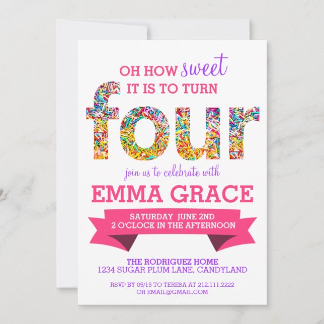 Candy Theme 4e födelsedagen Party Sprinkles Inbjud Inbjudningar (Framsida)