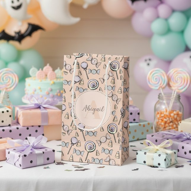 Candy Theme Pastel Orange (Cute Gender Neutral Pastel Orange Candy Theme Gift Bag for Baby Girl / Boy. Candy & Lollipop Pattern)