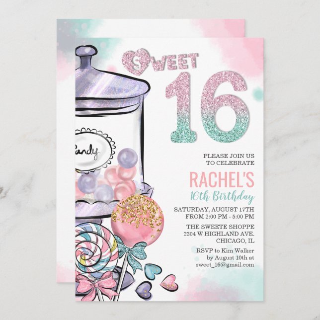 Candy Theme Sweet 16 Birthday Call Inbjudningar (Fram/baksida)