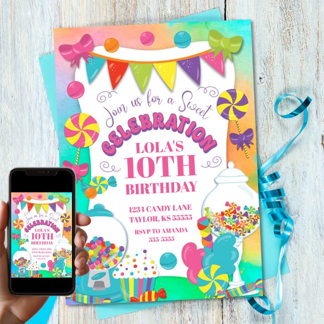 Candy Theter Girl's Colorful Rainbow Birthday Inbjudningar (Candy Themed Girl's Colorful Rainbow Birthday Invitation
)