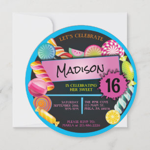 Candy Treats Sweet 16 Sexton Födelsedagsfester Inbjudningar
