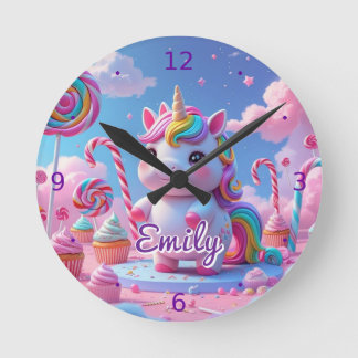 Candy Unicorn Wall Clock - Editable Namn Rund Klocka