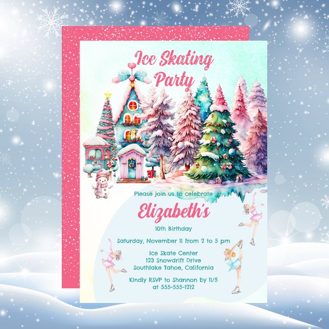 Candy Village Ice Skating Girl's Födelsedagsfest Inbjudningar (Pink Candy Village Ice Skating Girl's Birthday Party Invitation)