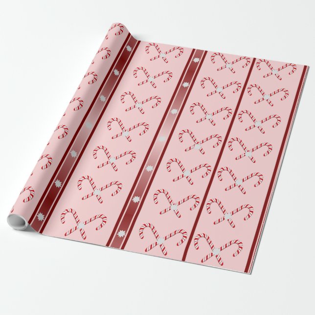 CandyCane och Rand Mönster Rosa, Red, White Presentpapper (Utrullad)