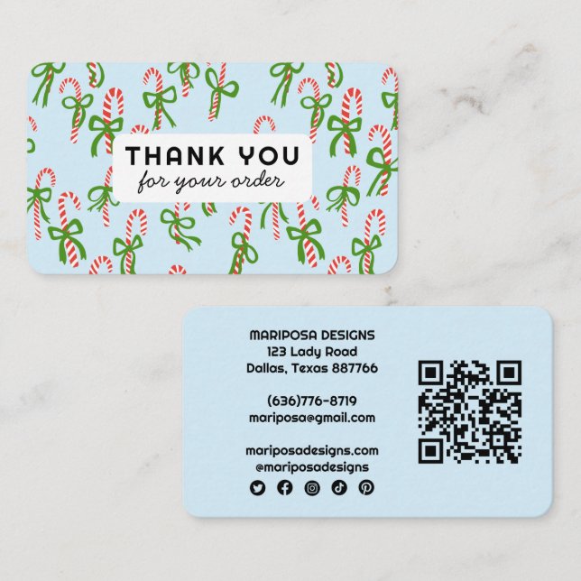 Candycanes Customer Order Tack QR Code Social Visitkort (Fram/baksida)
