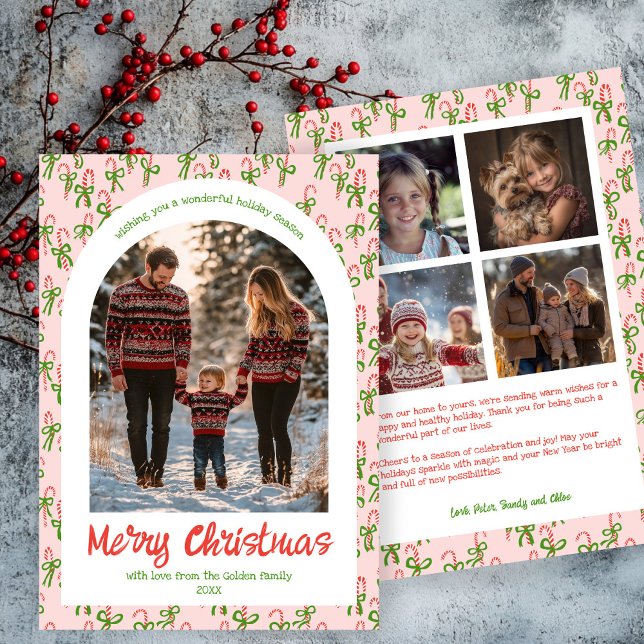 Candycanes Rosa Red jul Anpassningsbar Arch 5 Phot Julkort (Candy canes Pink Red Cute Christmas Custom Arch 5 Photo  Family Collage Holiday Card
)