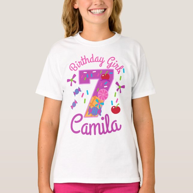 Candyland Birthday Girl 7 lollipop T Shirt (Framsida)