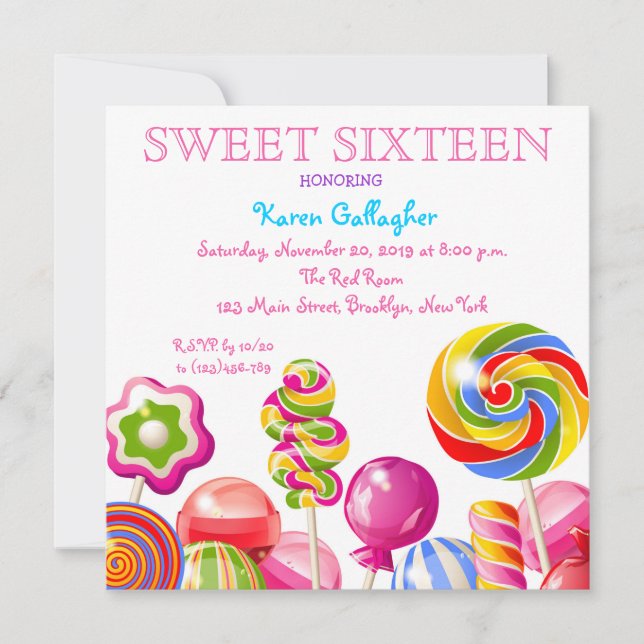 Candyland Candy Theme Sweet 16 Inbjudan (Framsida)