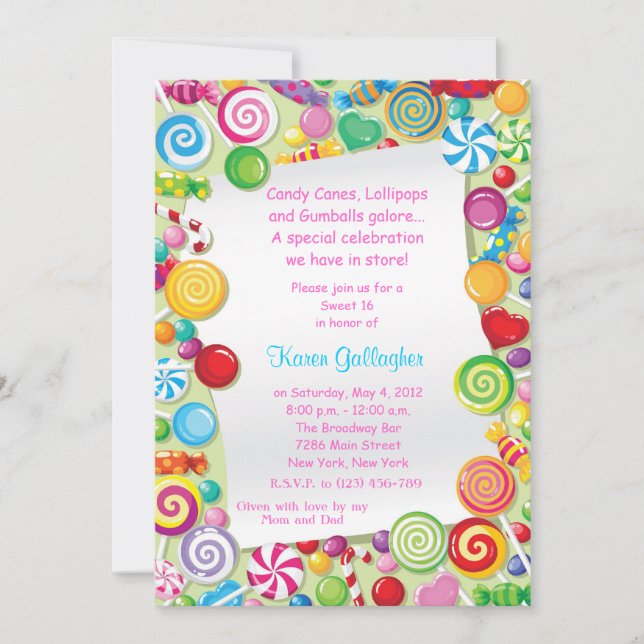 Candyland candy Theme Sweet 16 Inbjudan (Framsida)