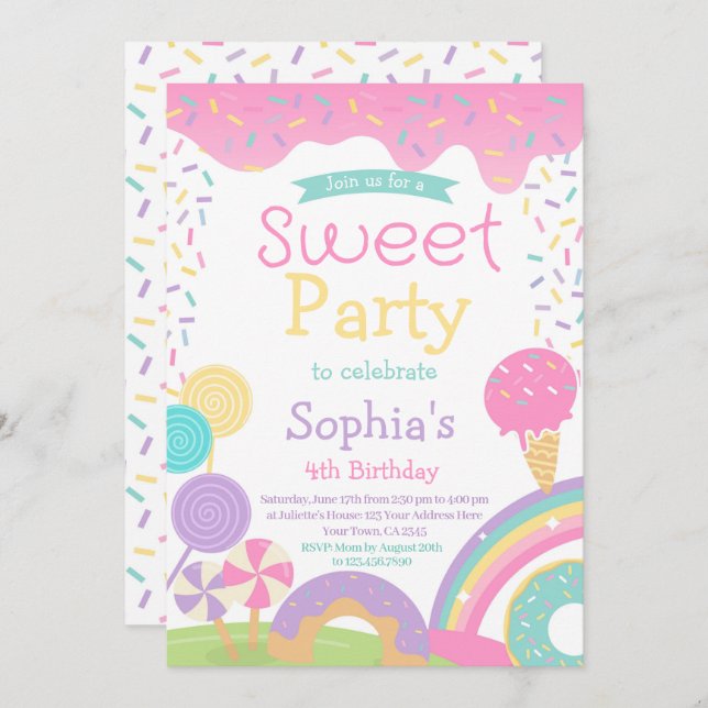 Candyland och glass helt anpassningsbart inbjudningar (Fram/baksida)