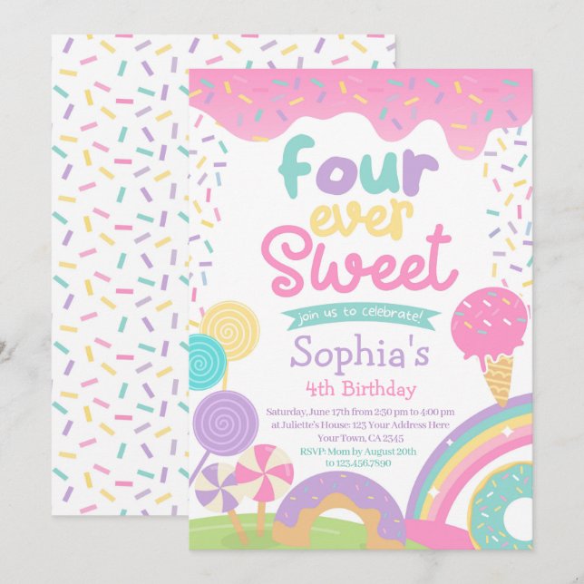 Candyland och Ice Cream 4 gånger sötad födelsedag Inbjudningar (Fram/baksida)