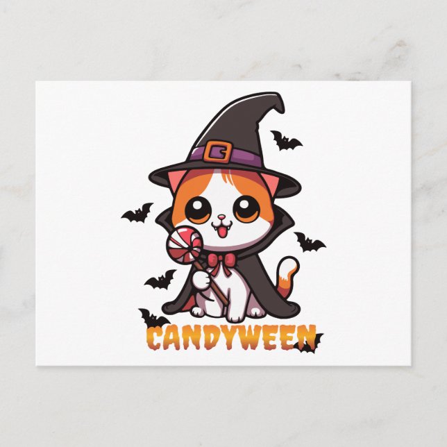 candyween - katt häxa halloween vykort (Framsida)