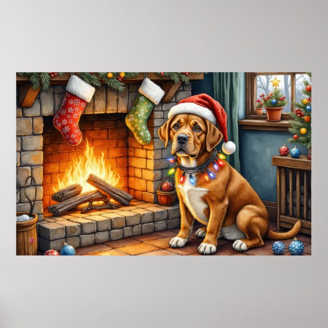 Cane Corso Fireplace with Christmas Lights Poster (Framsidan)