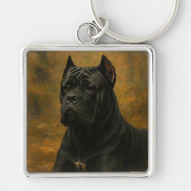 Cane Corso Fyrkantig Silverfärgad Nyckelring (Framsidan)