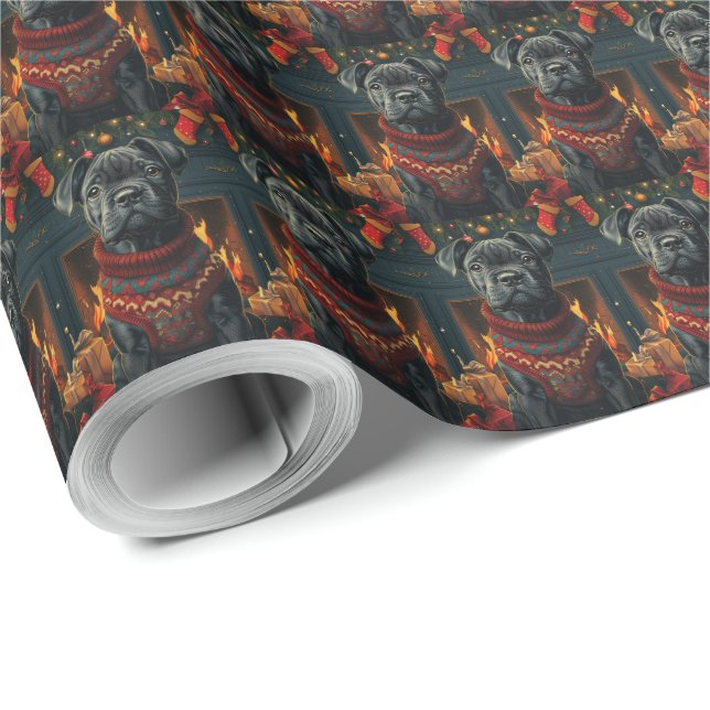 Cane Corso Hund Med Julpresenter Öppen Spis Presentpapper (Rulle Hörn)
