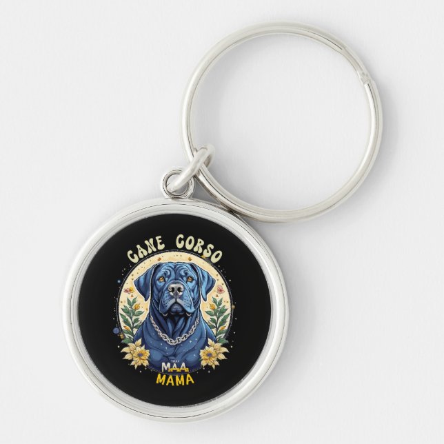 Cane Corso Mamma Rund Silverfärgad Nyckelring (Framsidan)