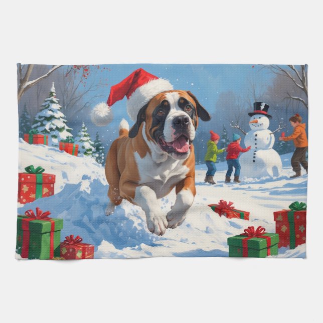 Cane Corso springar i snö med julhatt Kökshandduk (Horisontell)