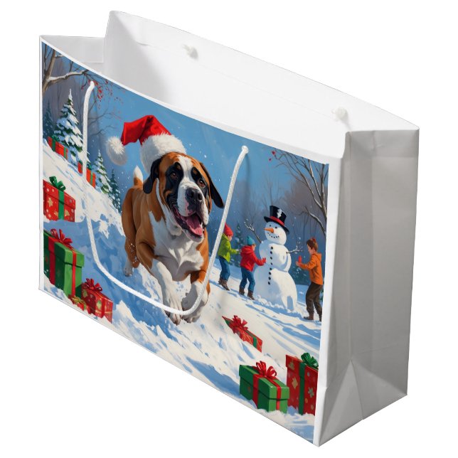 Cane Corso springer i snö med julhatt (Framsidan Vinklad)