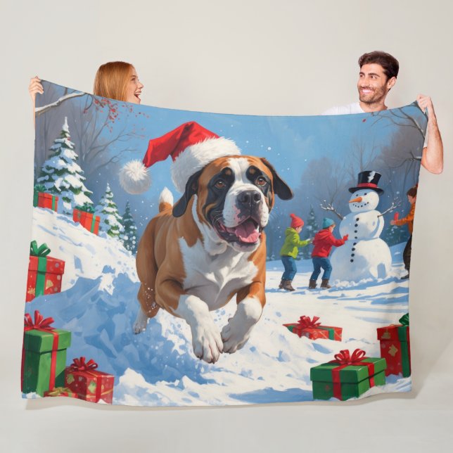 Cane Corso springer i snö med julhatt Fleecefilt (På plats)