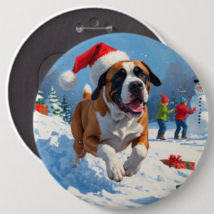 Cane Corso springer i snö med julhatt Knapp