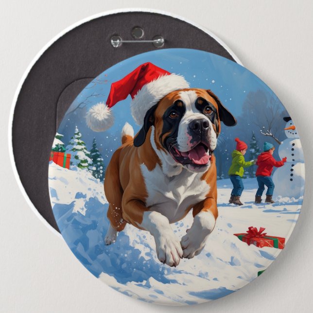 Cane Corso springer i snö med julhatt Knapp (Framsida & baksida)