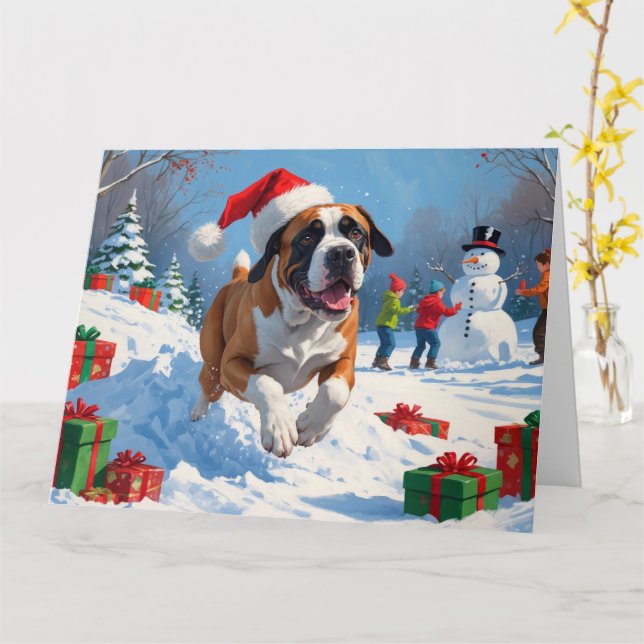 Cane Corso springer i snö med julhatt Kort (Gul blomma)