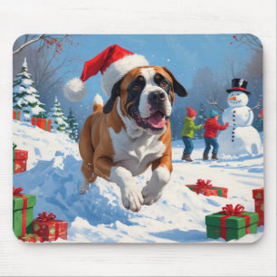 Cane Corso springer i snö med julhatt Musmatta