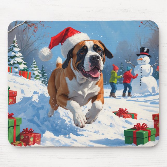 Cane Corso springer i snö med julhatt Musmatta (Framsidan)