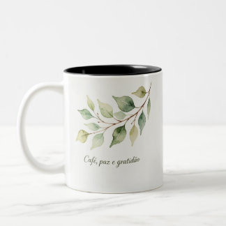 Caneca Frase Café paz Gratidão – Aquarela Folhas Två-Tonad Mugg