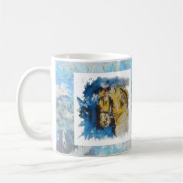 Caneca pintura "Cavalo" com fundo em manchas azuis Kaffemugg
