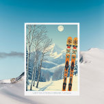 Canmore Alberta Canada ski resort Postcard Vykort<br><div class="desc">Hello from the snowy mountains of Canmore,  Alberta,  Canada! We hope you're having a wonderful ski vacation. This postcard features a gorgeous blue-grey mountain landscape with retro ski boards in an orange tribal pattern.
All the text phrases can be customized to suit you!</div>