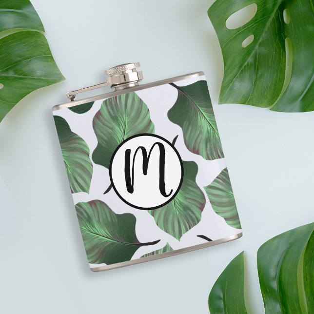 Canna Tropicanna Grönt Tropical Löv & Monogram Fickplunta (Tropical Leaves Pattern Flask with Custom Monogram)