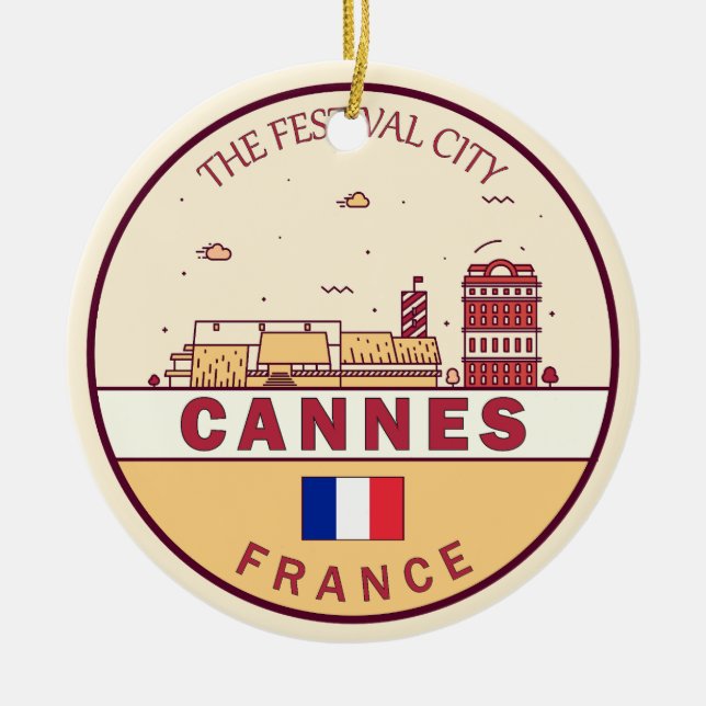Cannes Frankrike City Skyline Emblem Julgransprydnad Keramik (Framsidan)