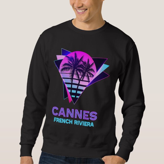 Cannes Fransk Riviera 80:s Handflatan Träd Retro V Lång Ärmad Tröja (Framsida)
