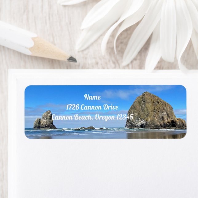 Cannon Beach Oregon Haystack Sten Returadress Etikett (Insitu)
