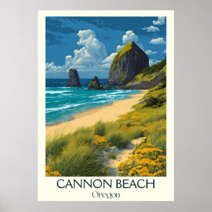 Cannon Beach Oregon Vintage Haystack Sten Art Poster