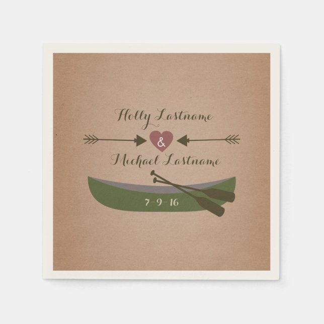 Canoe + Heart med pilarna Rustic Bröllop Pappersservett (Framsidan)