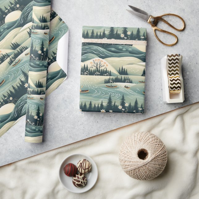 Canoe Journey & River Flow Feather Mönster Design Presentpapper (Hantverk)