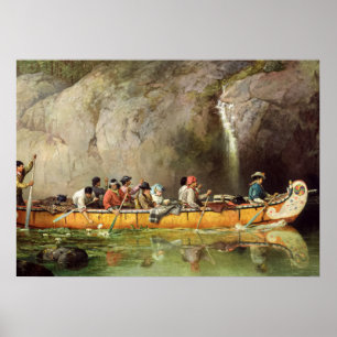 Canoe Mkonserverad av Voyageurs Passing a Waterfal Poster