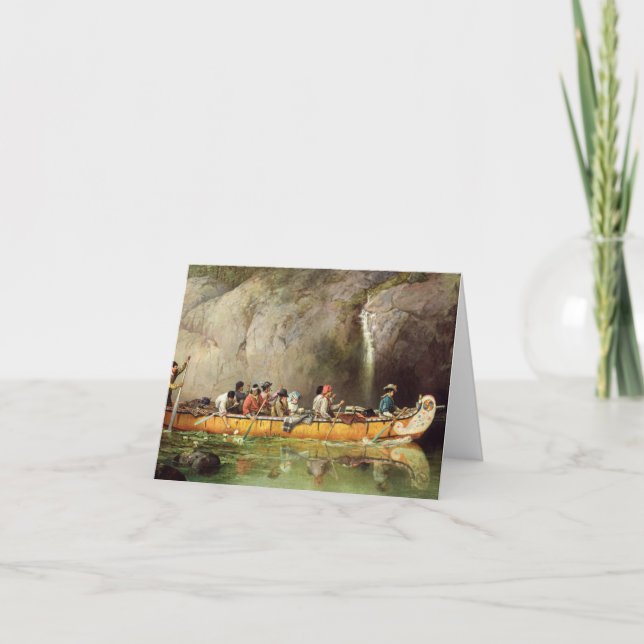 Canoe Mkonserverad av Voyageurs Passing a Waterfal Tack Kort (Framsida)